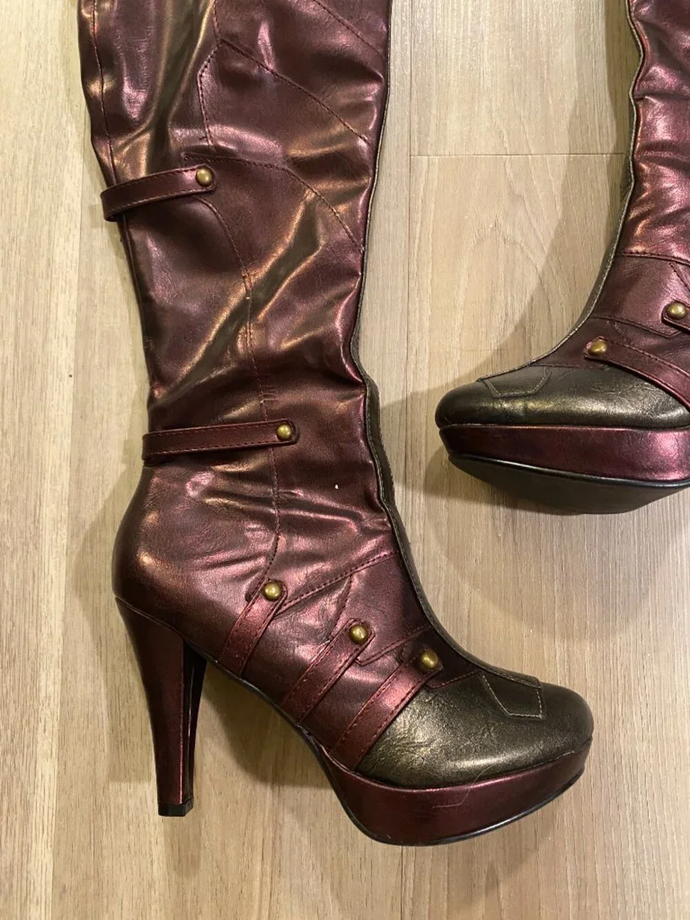 Ellie Over The Knee PlatformHeel Boots Metallic Burgundy Size 7 (Fits a 6) Y2K